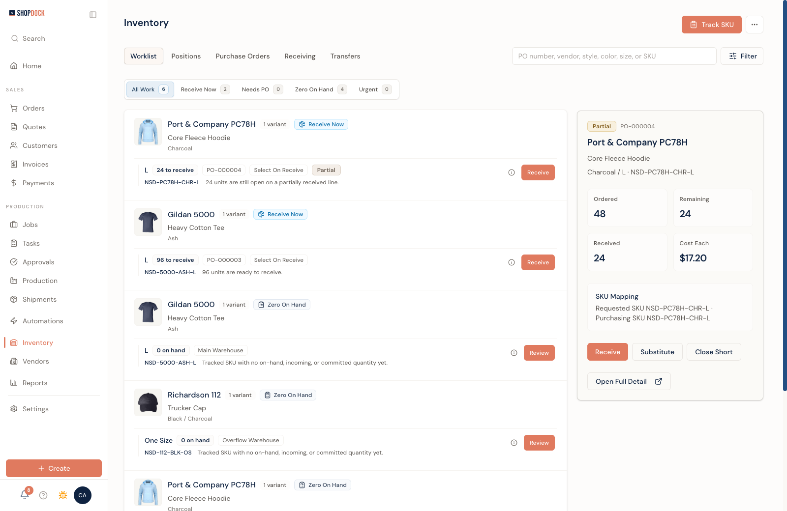 ShopDock inventory worklist